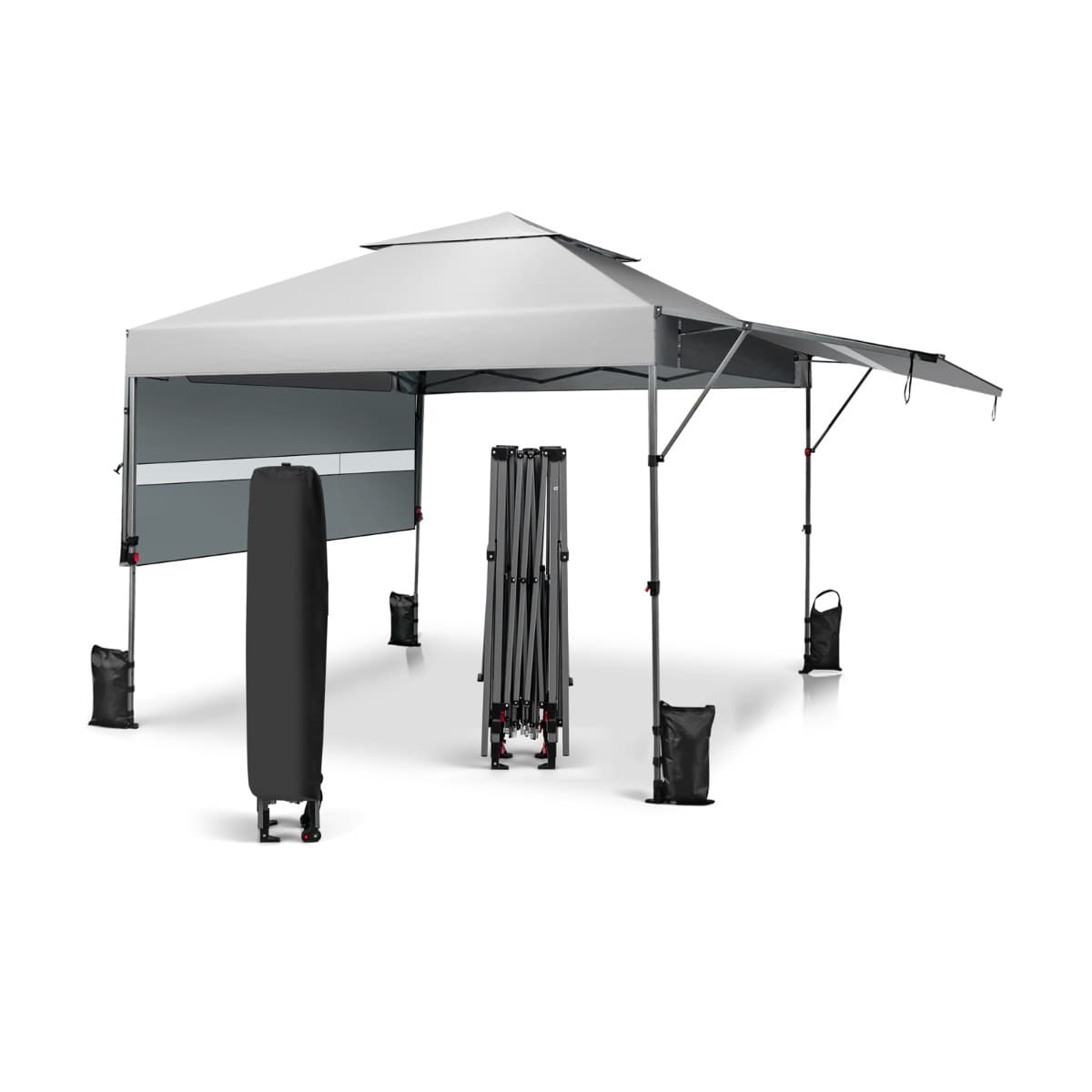 CostwayTonnelle de Jardin Barnum Instantanée 3x3m avec Double Auvents 1,25x3cm Imperméable Sac à Roulettes Hauteurs Réglable Blanc