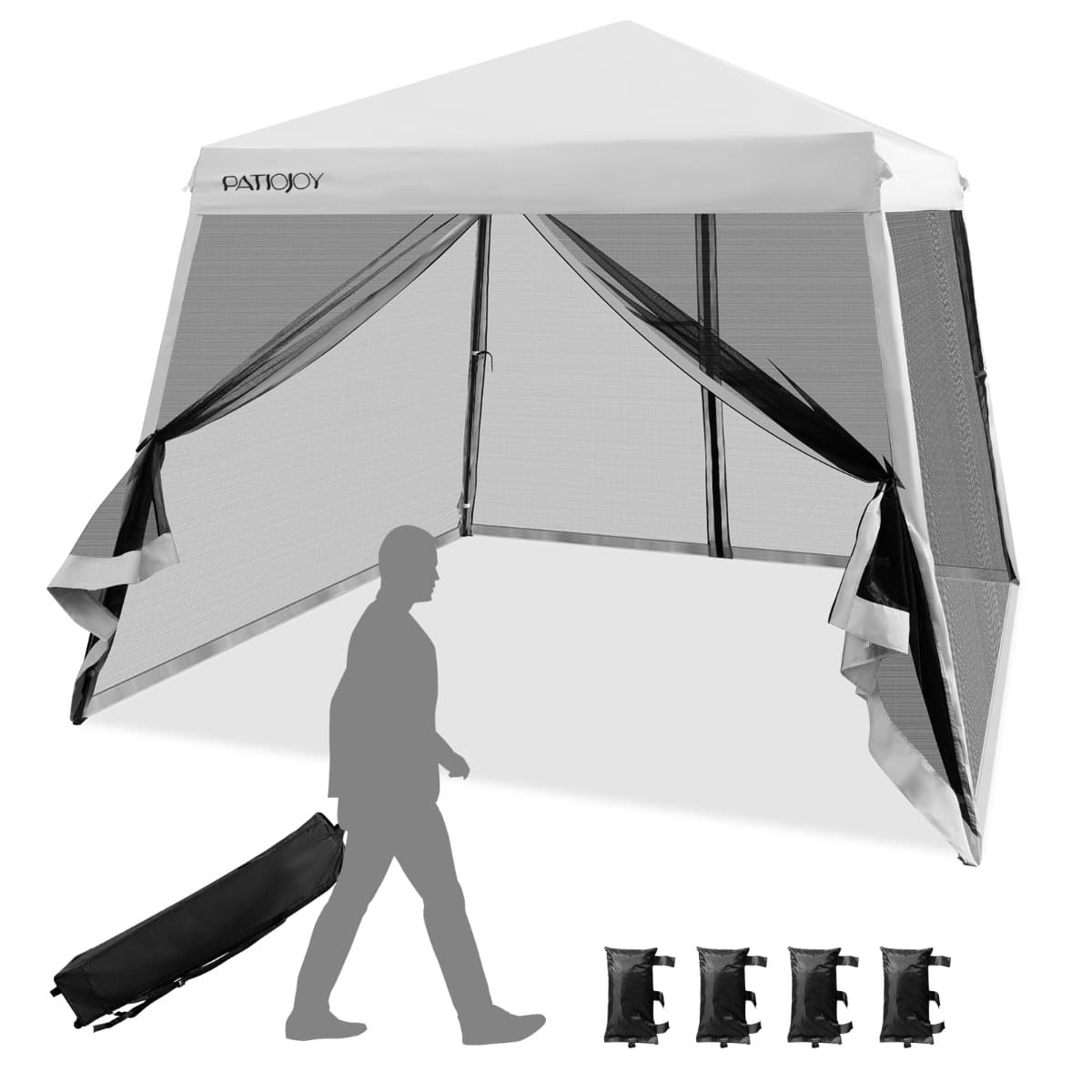CostwayPatio Extérieur Auvent Escamotable Instantané Tente en Maille à Jambes Onclinées Pliante Blanc