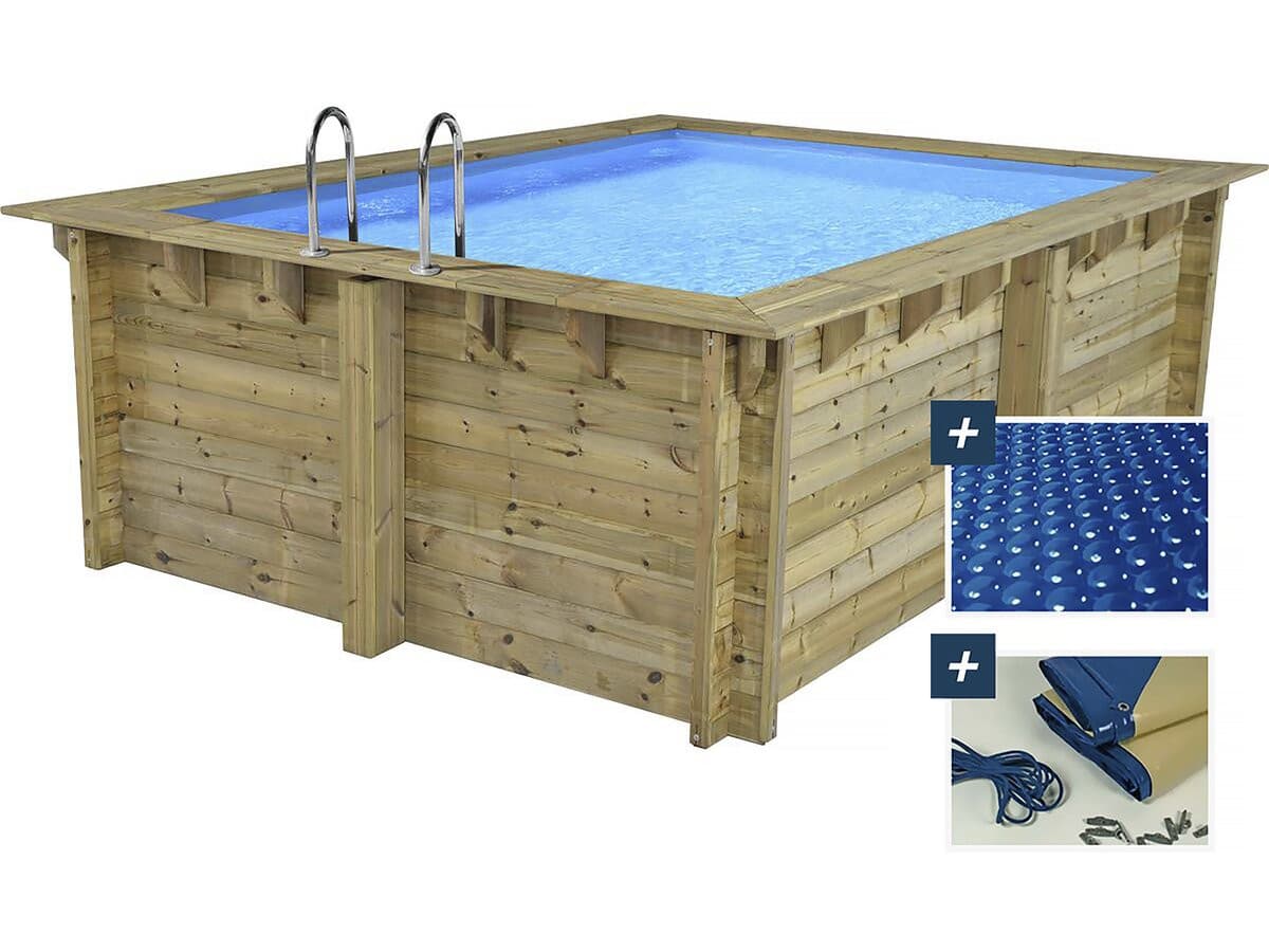 Piscine bois rectangle " Maldives " - 3.20 x 3.20 x 1.24 m + Bâche à bulles 180 µ - Bâche hiver 280 g/m²